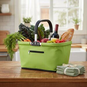 Collapsible Market Basket with Aluminum Frame & Zip Pocket + 4 Sage Green Cotton